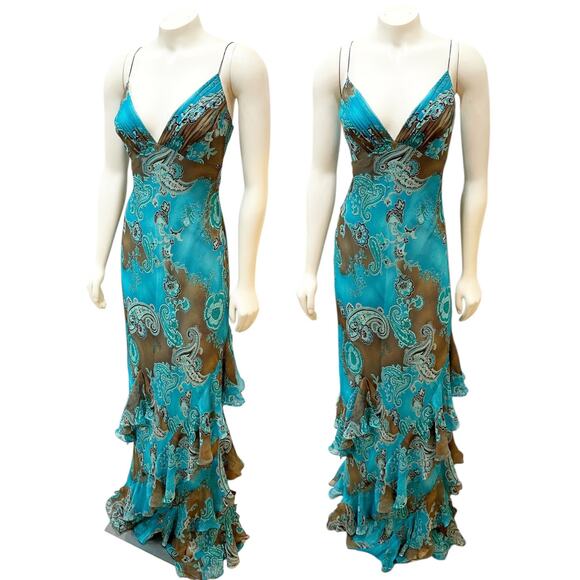 DJ Nights by Laura Ryner Blue Paisley Ruffle Gown Western 2000s Y2K Sz 11/12 - Picture 1 of 12